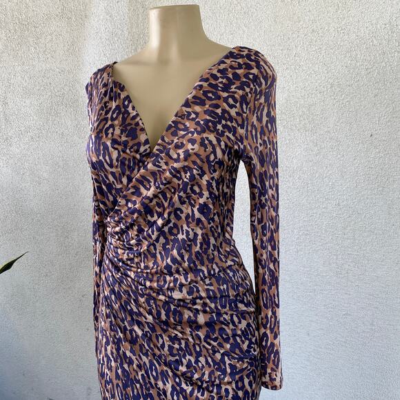 L.K. Bennett Midi Bodycon Dress Women's 8 Purple Tan Silk V Neck Long Sleeve - Picture 4 of 7